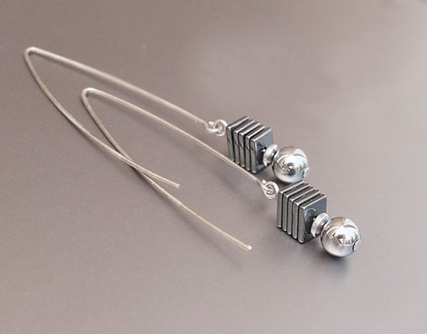 Long hematite and silver earrings