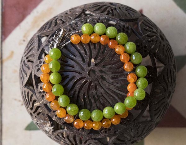 Gemstone green and orange bracelet for women