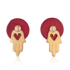 Red coral post earrings with hamsa