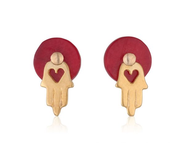 Red coral post earrings with hamsa